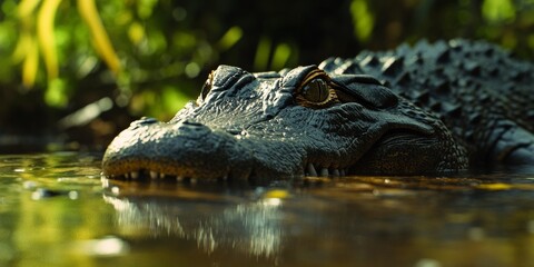 Fototapeta premium American alligator resting on the water surface.