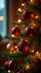 Ornate gold & red Christmas tree, twinkling lights, festival, celebratory