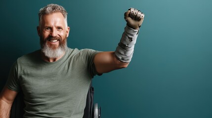 A smiling man with a robotic arm raises his hand confidently, showcasing technological advancement and human resilience in overcoming challenges and embracing life.