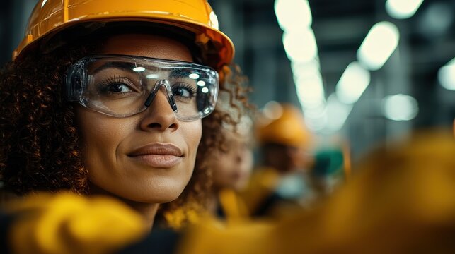 A determined woman in safety gear, wearing protective glasses and a helmet, stands confidently in an industrial workplace, emphasizing female empowerment in male-dominated fields.