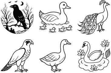 Obraz premium A versatile set of vector bird illustrations, featuring charming cartoon designs of various farm animals like chickens, ducks, geese, and doves, perfect for nature-inspired patterns or icons