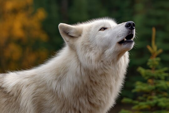 White wolf with open mouth dark nose and golden eyes stands against a forest background