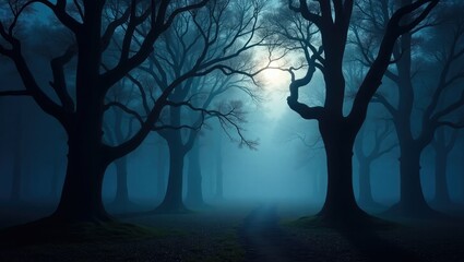 Mysterious dark forest path shrouded in ethereal blue fog with silhouetted trees and a faint light source in the distance