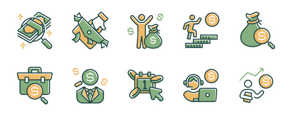 financial employee salary working paycheck icon line set earning income money bag dollar billfold work payment signs vector outline magnifier search for money symbol illustration