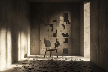 A solitary chair in a room with a fragmented puzzle wall