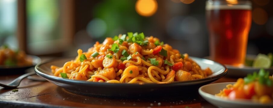 Friends enjoy delicious Chinese takeout at a table , home, vibrant