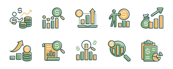 collection of financial report chart icon line set business investment profit growth statistic analysis information tracking vector finance accounting budget review symbol illustration