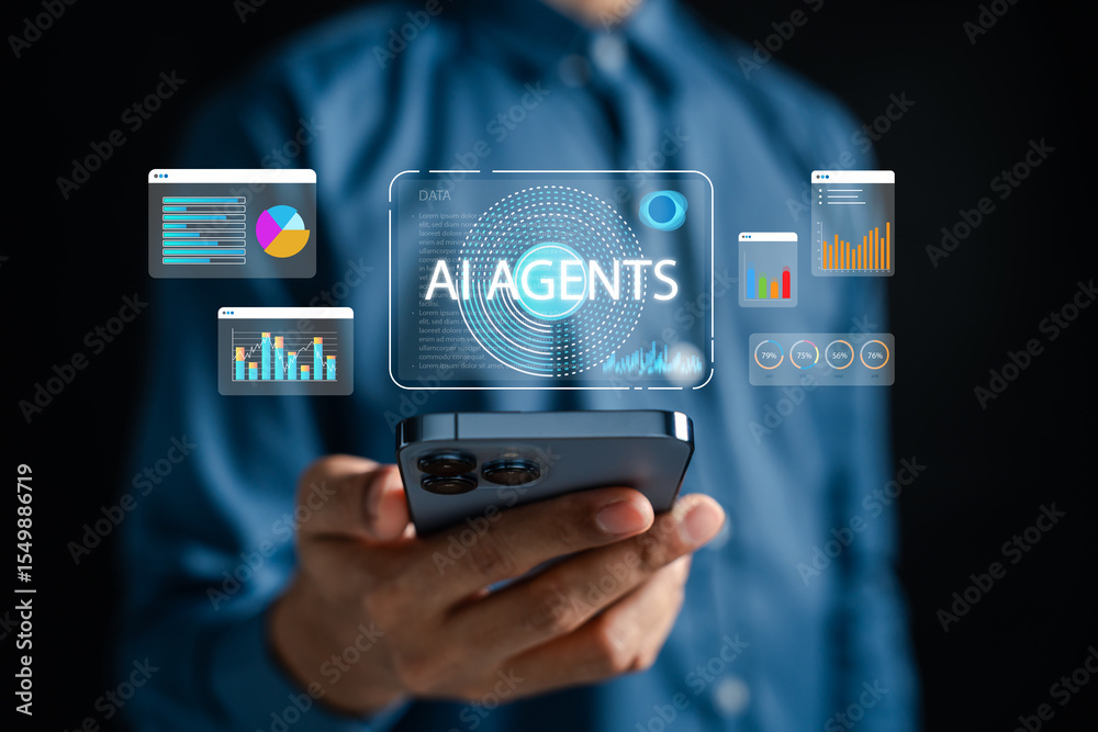 Poster AI agent analyzing financial charts and recording performance statistics in real time. Suitable for fintech, data science, business analytics, and intelligent assistant technology concepts.