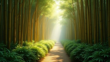 Fototapeta premium Sunlight streams through a dense bamboo forest illuminating a winding path lined with lush green foliage
