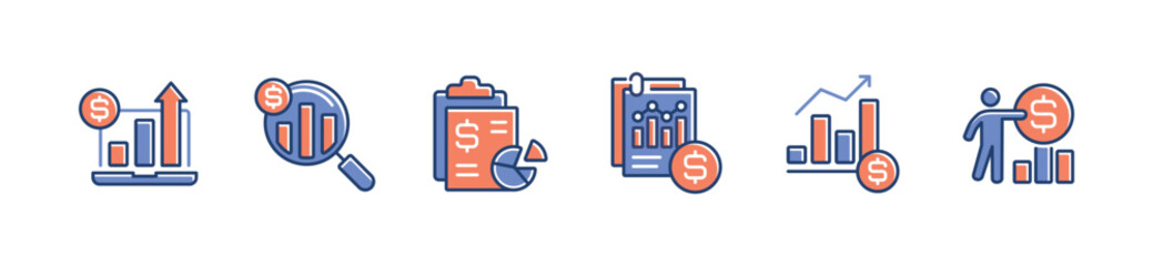 financial report investment growth icon line set business profit bar chart earning analysis review signs vector clipboard finance statistic symbol illustration