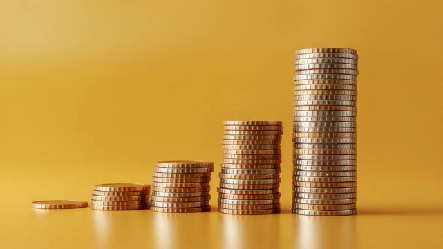 Stacks of coins arranged in ascending order on yellow background  