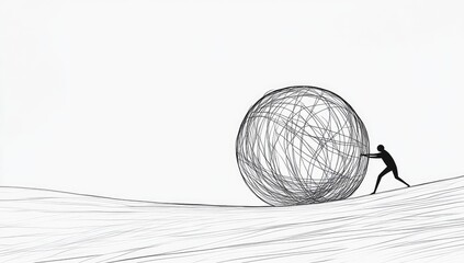 Silhouette of a figure pushing a large sphere across a landscape