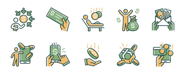 receive paycheck income salary icon line vector set financial money earning pension online payment revenue investment passive income signs illustration for web and app