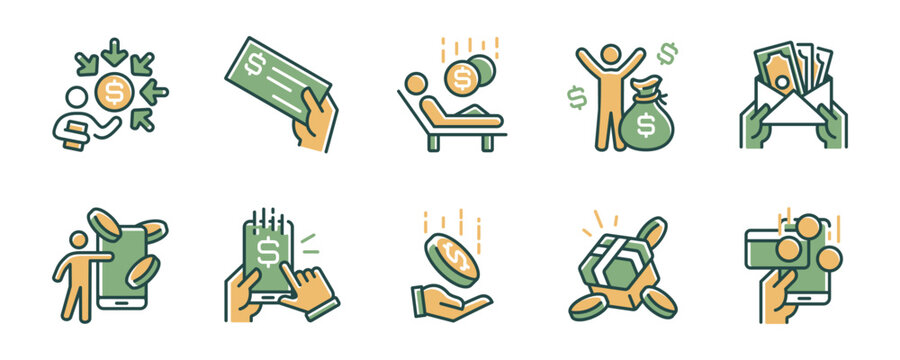 receive paycheck income salary icon line vector set financial money earning pension online payment revenue investment passive income signs illustration for web and app