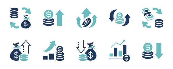 business profit money arrow icon vector set financial success income earning growth dollar bag and coin stack up and down arrow signs vector illustration