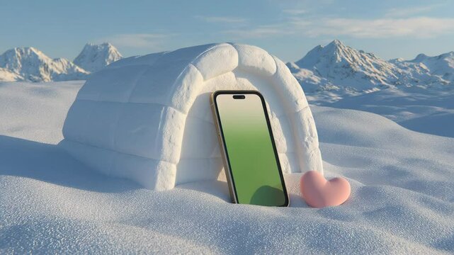 Smartphone in a snow igloo with a heart