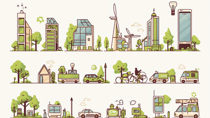 Obraz premium Flat vector icon set of futuristic eco-smart city elements like solar buildings, AI waste systems, EV hubs, and rooftop gardens in modern outline style with green-blue tones, transparent background