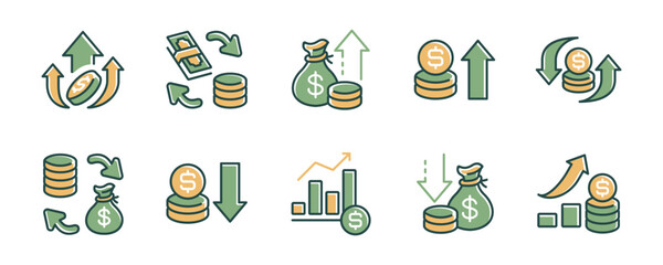 simple money arrow icon line set dollar billfold and coin stack with up and down arrow signs vector business financial profit growth success investment symbol illustration for web and app