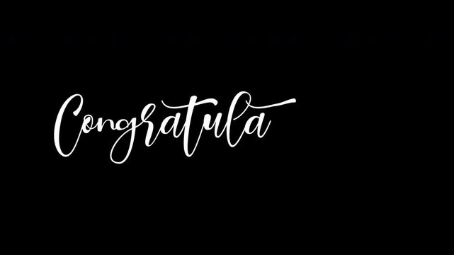 Congratulations text animation in white cursive on a black background. Suitable for celebratory messages, promotions, announcements, and event invitations.