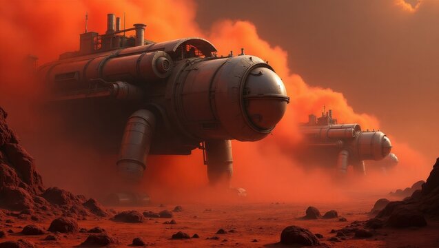 Massive steampunk inspired mechanical walkers traverse a desolate red planet landscape under a hazy orange sky