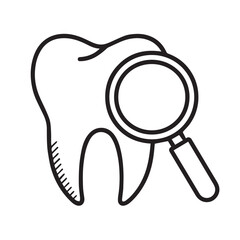 Detailed Line Art of Tooth with Magnifying Glass in Minimalist Black and White Style