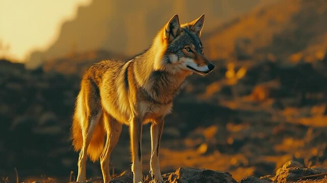 indian wolf close-up at deccan plateau sunset video