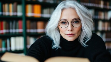 A sophisticated woman with silver hair reads intently in a tranquil library, surrounded by books, exuding wisdom and style while inviting viewers into the serene world of literature.