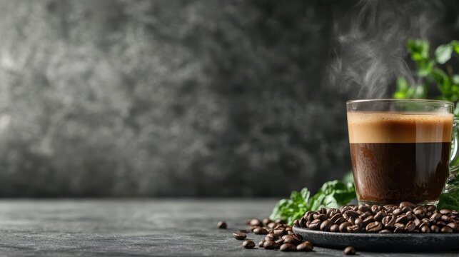 A freshly brewed cup of coffee rests atop a dark table, surrounded by scattered coffee beans, steam gently rising, embodying the warmth of a perfect start to the morning experience.