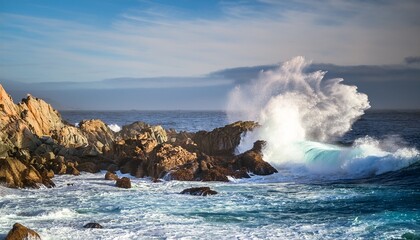 Fototapeta premium large wave crashing onto jagged rocks in monterey bay california