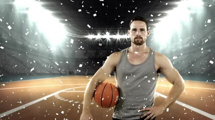 Confetti falling triggers basketball player standing holding ball shifting gaze celebrating win - Powered by Adobe