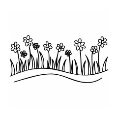 Black and White Simple Flower Meadow Line Drawing flowers