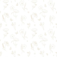Delicate floral seamless pattern gold bouquets  with wild flowers, herbs, spikelets and butterflies  elements contour line art style drawing  hand drawn white background