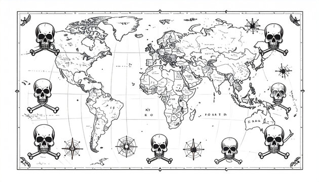 A detailed world map in monochrome, adorned with eight skull and crossbones motifs positioned symmetrically around its perimeter, interspersed with compass roses