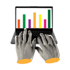 Laptop with business growth chart on screen and halftone hands typing, cut out elements for collage ,business ,success strategy
