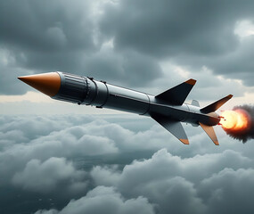 Military Missile Soaring Above Stormy Clouds