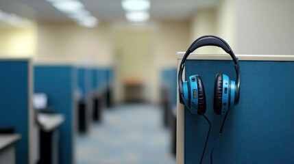 Headphones hang on a cubicle wall