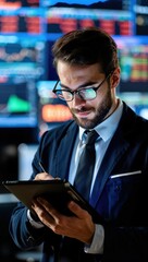 Financial analyst reviewing market data on digital tablet.