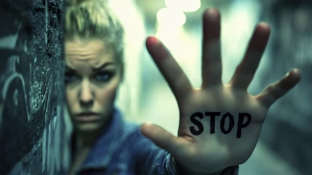 A young woman with an anxious look holds out her hand with the sign "STOP", expressing a decisive refusal. A powerful image against violence, discrimination and bullying. Protection, stop negativity.