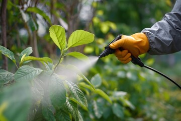 Naklejka premium Hand spraying pesticide on green leaves in garden with protective gloves on. Organic Pest Control Methods. concept of pest control and agriculture care