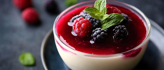 Berry Topped Panna Cotta with Fresh Mint Garnish