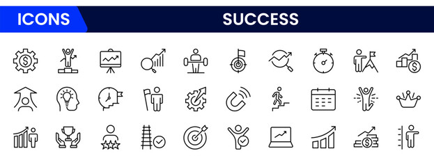 Bold vector web line icons depicting growth, success, achievement, progress, innovation, and thriving business development milestones.