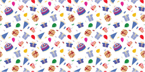 Birthday Seamless Pattern, Decor celebration with cake balloons, sweets, gifts, etc. Vector hand drawn illustration.