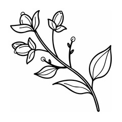 Black and White Line Drawing of a Flowering Branch with Leaves