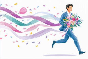 Obraz premium Male figure with brown hair is running joyfully, holding a bouquet and balloons, surrounded by a lively cityscape, conveying a festive atmosphere