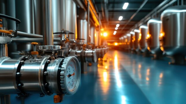 A close-up view of intricate industrial machinery with valves and pipes, conveying the essence of modern engineering and production in a well-lit factory environment.