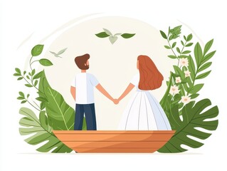Couple Holding Hands on Boat Surrounded by Greenery and Flowers