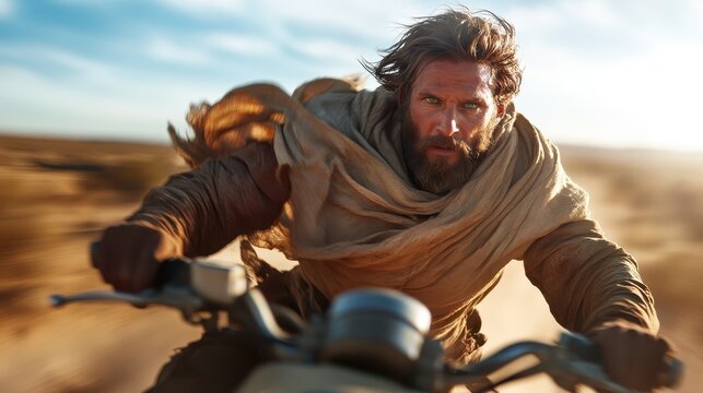 An adventurous man rides a motorcycle through a rugged desert landscape, capturing the thrill of exploration and the spirit of freedom in the open air.