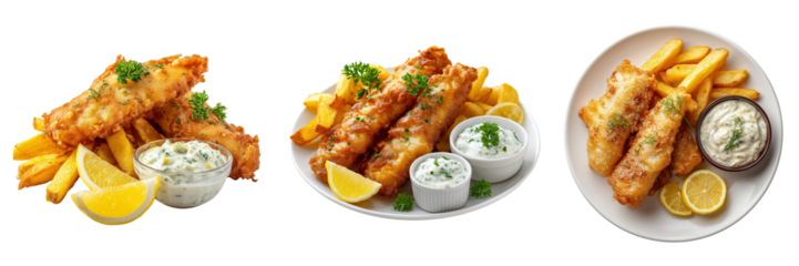 Set of Delicious fish and chips with tartar sauce and lemon wedges isolated on a transparent background