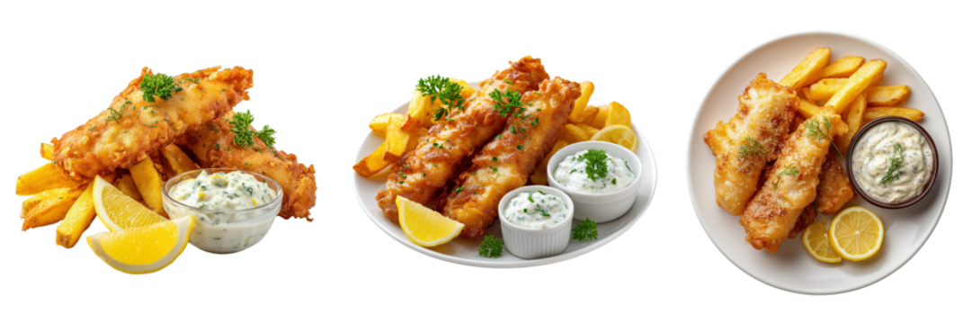 Set of Delicious fish and chips with tartar sauce and lemon wedges isolated on a transparent background