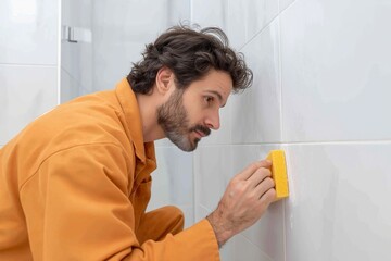Man tiling bathroom walls, using yellow sponge to clean white tiled surface, focused on renovation. Concept of man tiling bathroom walls, emphasizing detail in modern setting.